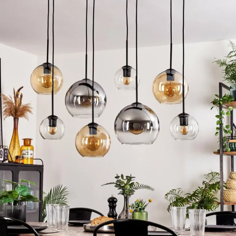 Suspension - Verre Koyoto Ambre, Chrome, Clair, Fumé, 8 lumières