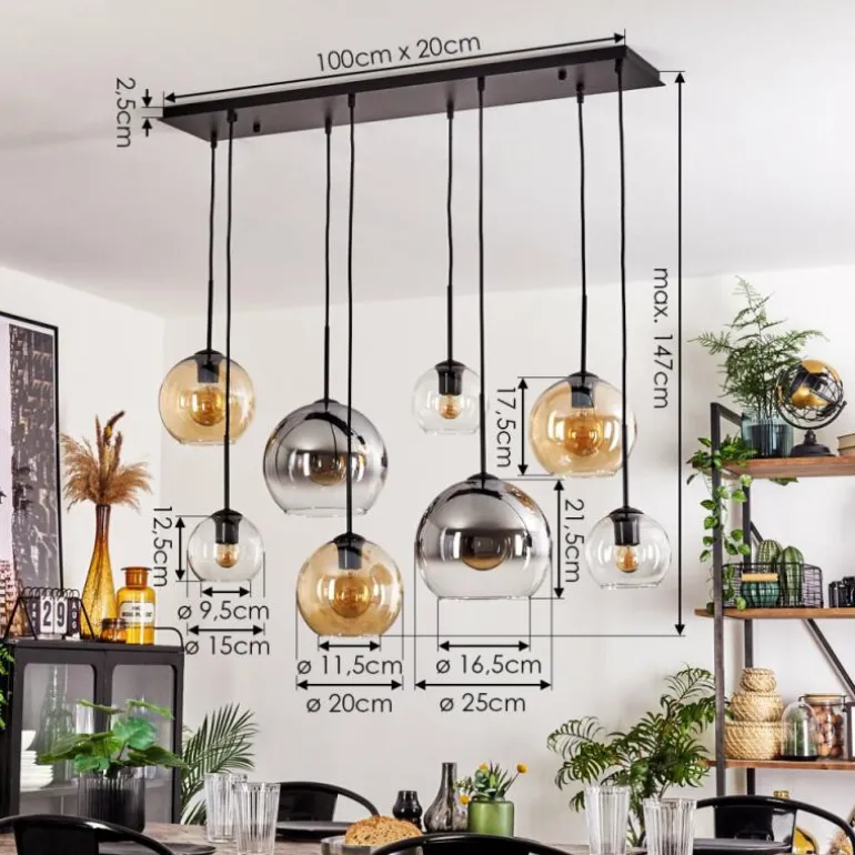 Suspension - Verre Koyoto Ambre, Chrome, Clair, Fumé, 8 lumières
