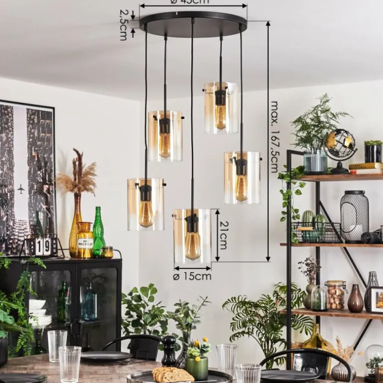 Suspension - Verre Parane Ambre, Clair, 5 lumières
