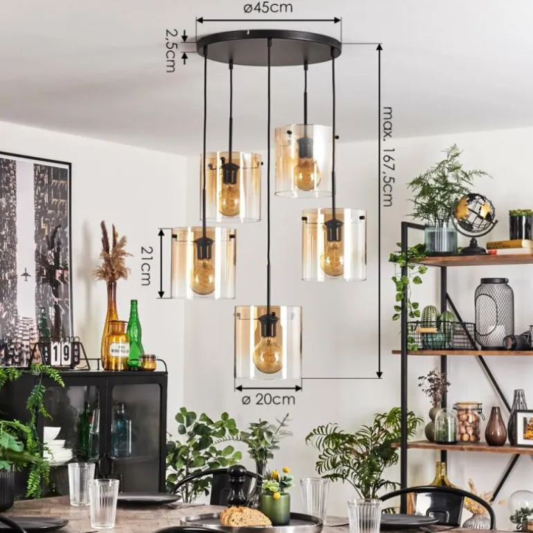 Suspension - Verre Parane Ambre, Clair, 5 lumières