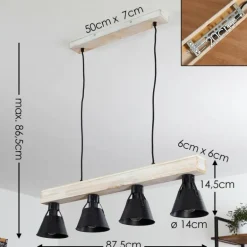 Suspension Berkeley Bois clair, Noir, 4 lumières