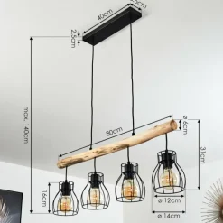 Suspension Gondo Bois clair, Noir, 4 lumières
