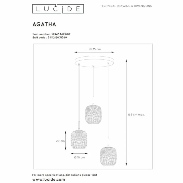 Suspension Lucide AGATHA Or, Laiton, 3 lumières