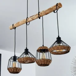 Suspension Ramon Bois clair, Noir, 4 lumières
