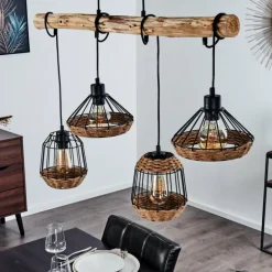 Suspension Ramon Bois clair, Noir, 4 lumières