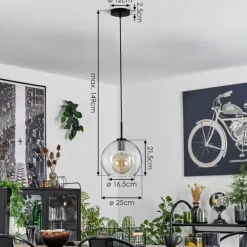 Suspension Verre 25 cm Koyoto Acier inoxydable, Noir, 1 lumière