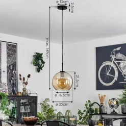 Suspension Verre 25 cm Koyoto Acier inoxydable, Noir, 1 lumière
