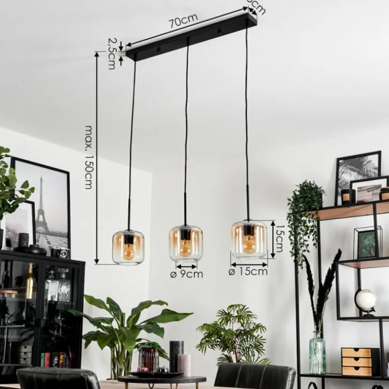 Suspension Verre 15 cm Lauden Ambre, Clair, 3 lumières