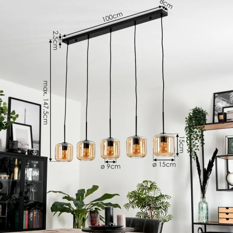 Suspension Verre 15 cm Lauden Ambre, 5 lumières