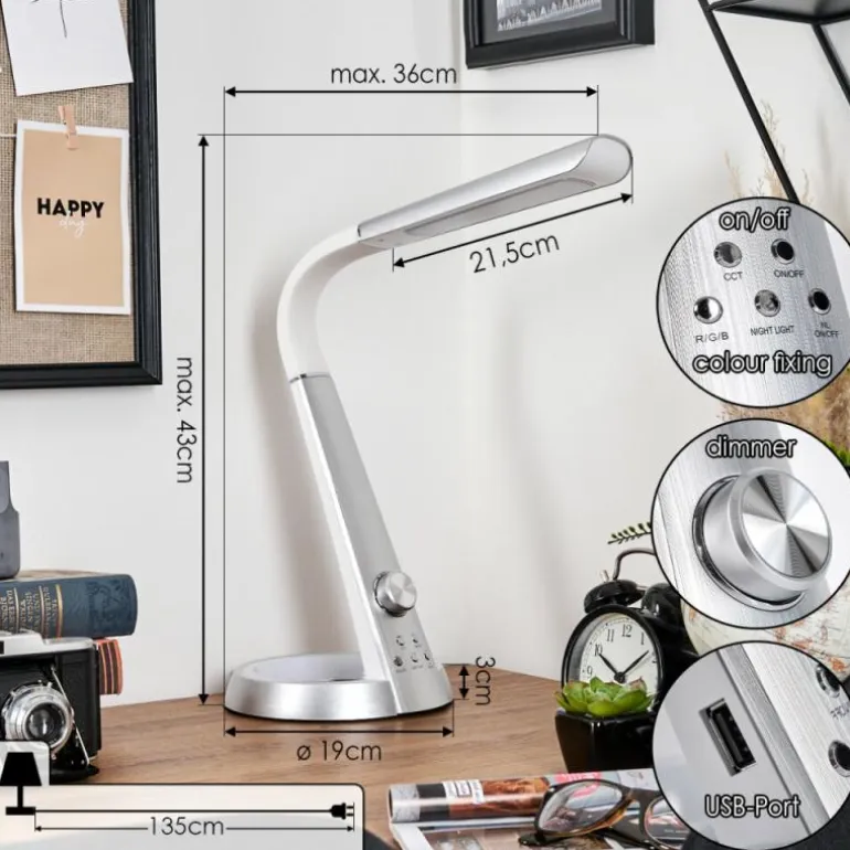 Tykby Lampe de bureau, Lampe à poser, Liseuse LED Argenté, Blanc, 1 lumière, Changeur de couleurs